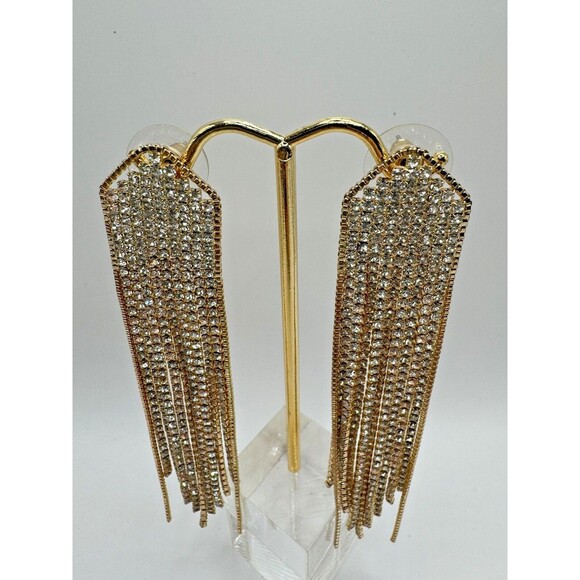 Lese Majeste Cascade Earrings Crystal Gold Tone 4" Long Post Back - Picture 3 of 6